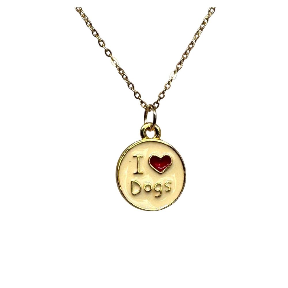 I Love Dogs Enamel Pendant Necklace, Gold Hypoallergenic Item #7043
